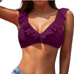 SHEKINI Women's Ruffle V-Neck purple Bikini top size large